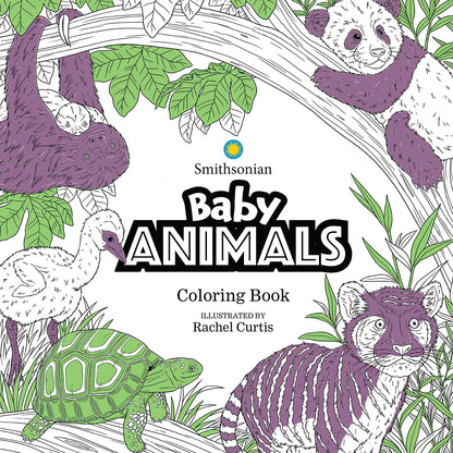 Smithsonian Baby Animals Coloring Book cover featuring a sloth -  panda -  bird -  turtle -  and tiger cub