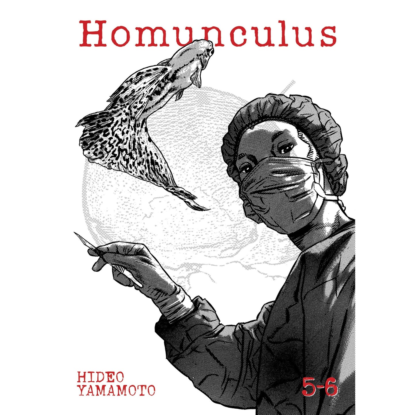 Homunculus (Omnibus) Vol. 5-6 book cover: Masked surgeon holding a scalpel looks at a floating speckled fish