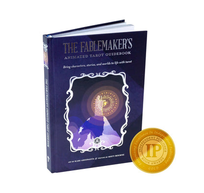 A dark blue 'The Fablemaker's Animated Tarot Guidebook' featuring a mystical illustration and a gold Independent Publisher Book Awards seal