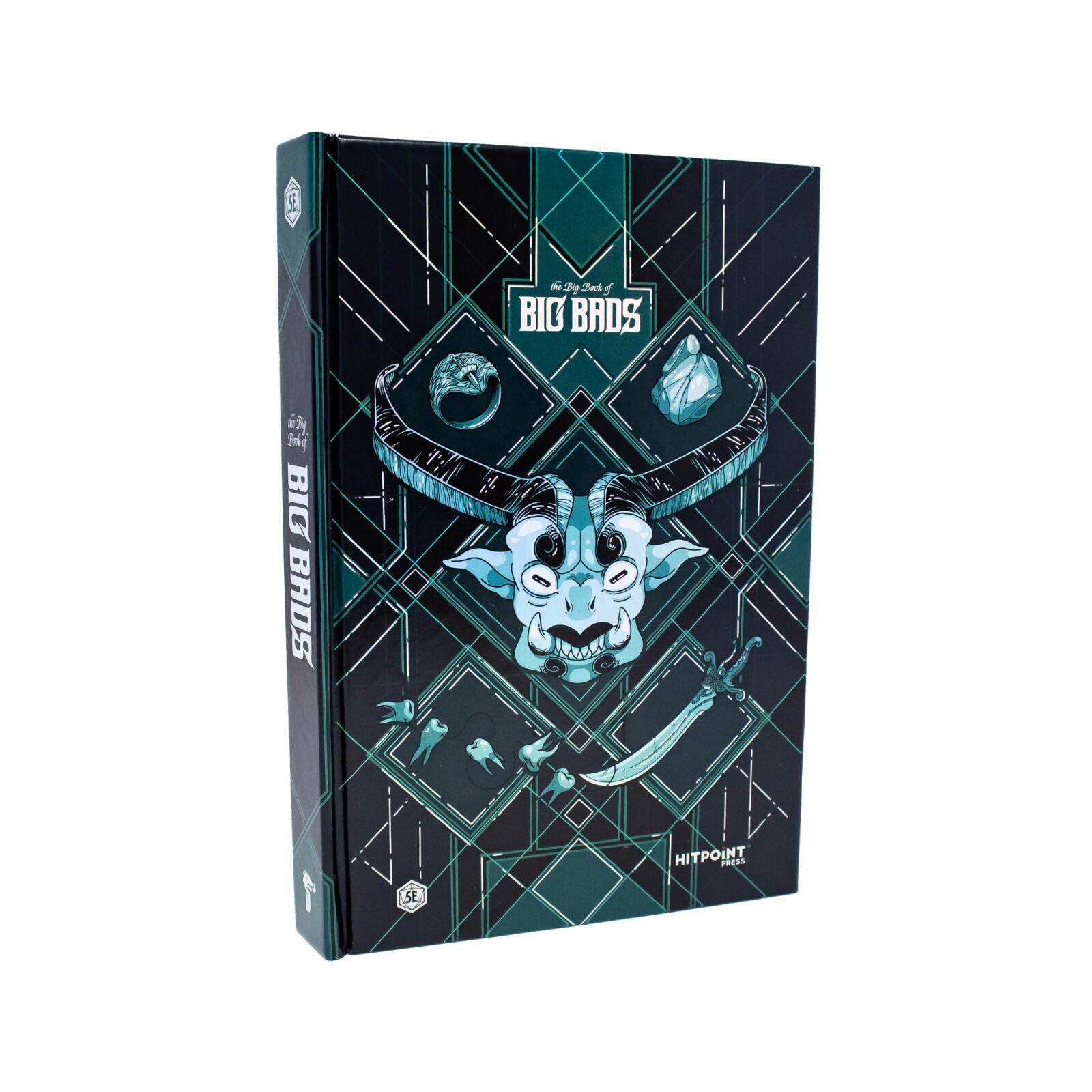 The Big Book of BIG BADDS dark green and black book cover: blue monster head with large horns, a sword, ring, crystal, and teeth on geometric patterns