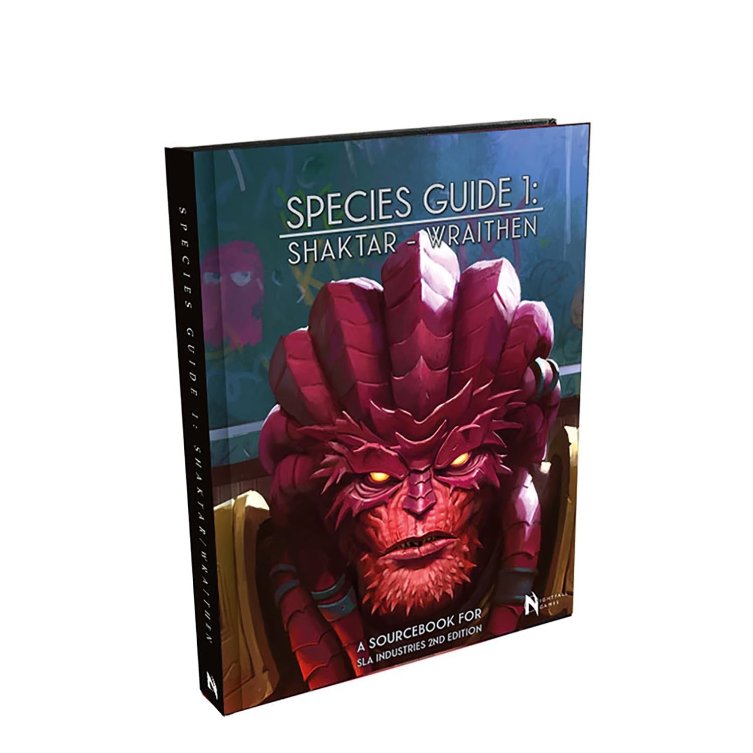 A standing SLA Industries 2nd Edition Species Guide 1 Shaktar Wraithen book featuring a red-skinned alien creature with glowing eyes on its cover
