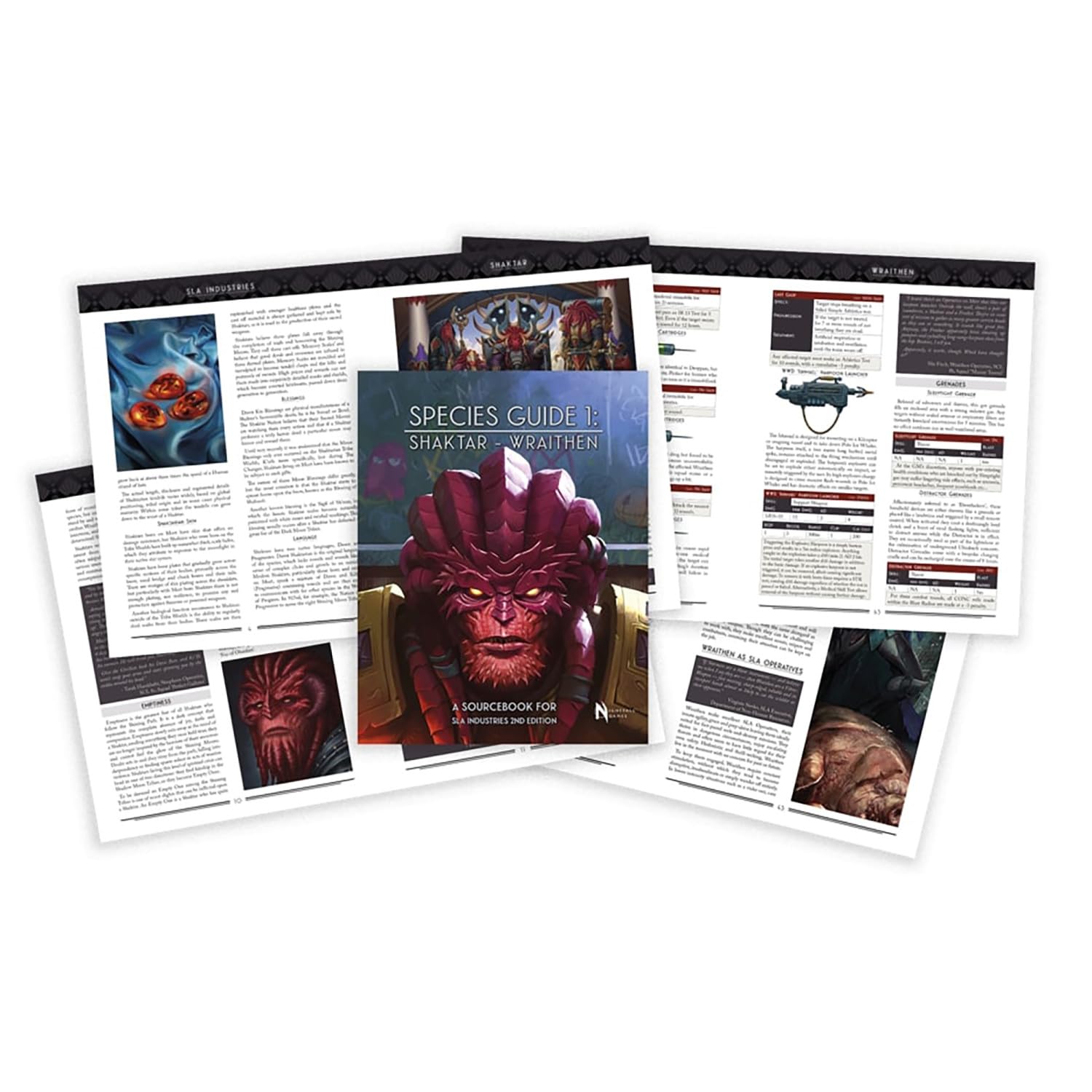 The SLA Industries 2nd Edition - Shaktar_Wraithen Character Book is displayed open with several pages fanned out, showing text and illustrations
