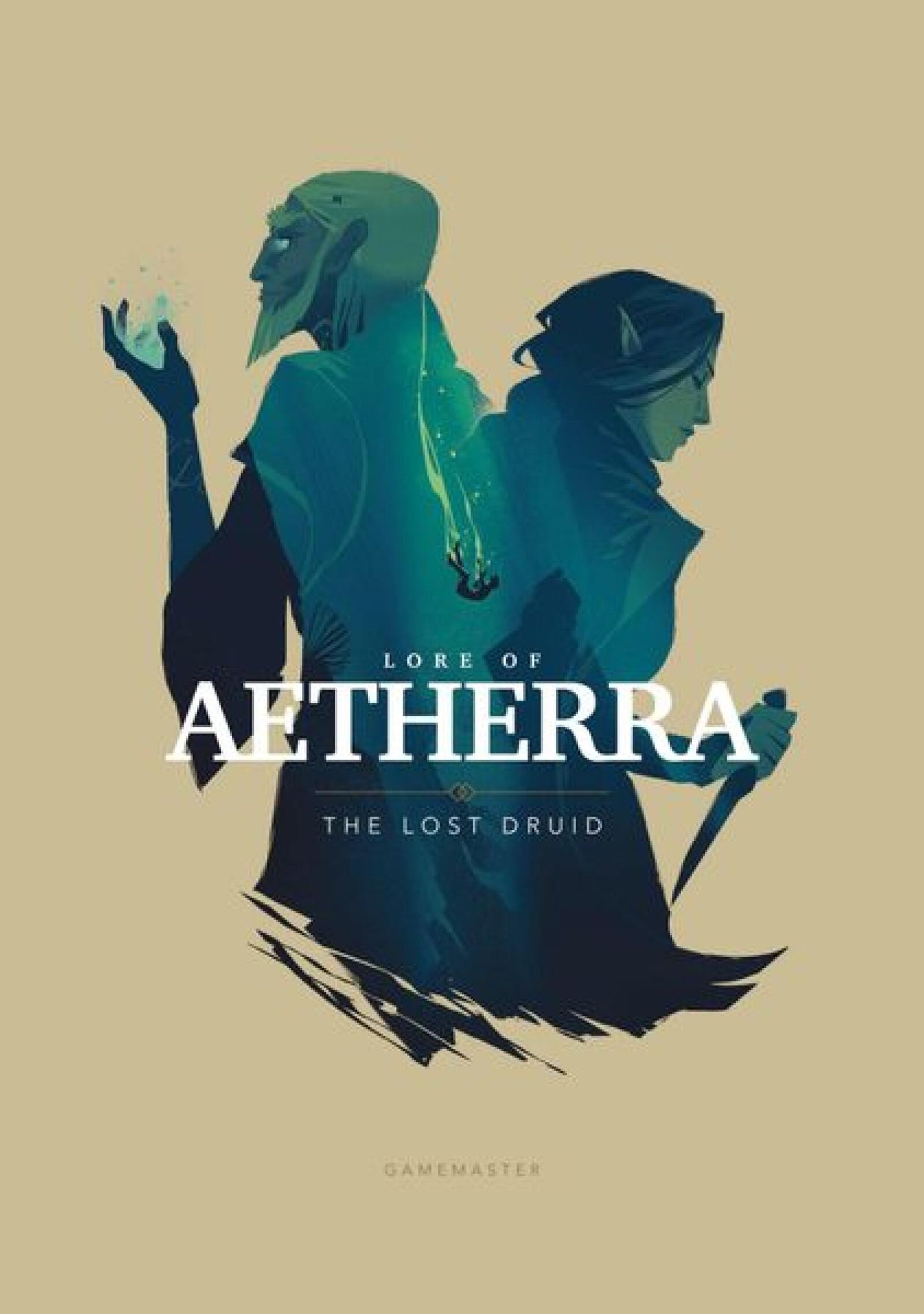 Teal fantasy art: Bearded man casting magic & woman with dagger, back-to-back. Title: Lore of Aetherra: The Lost Druid.