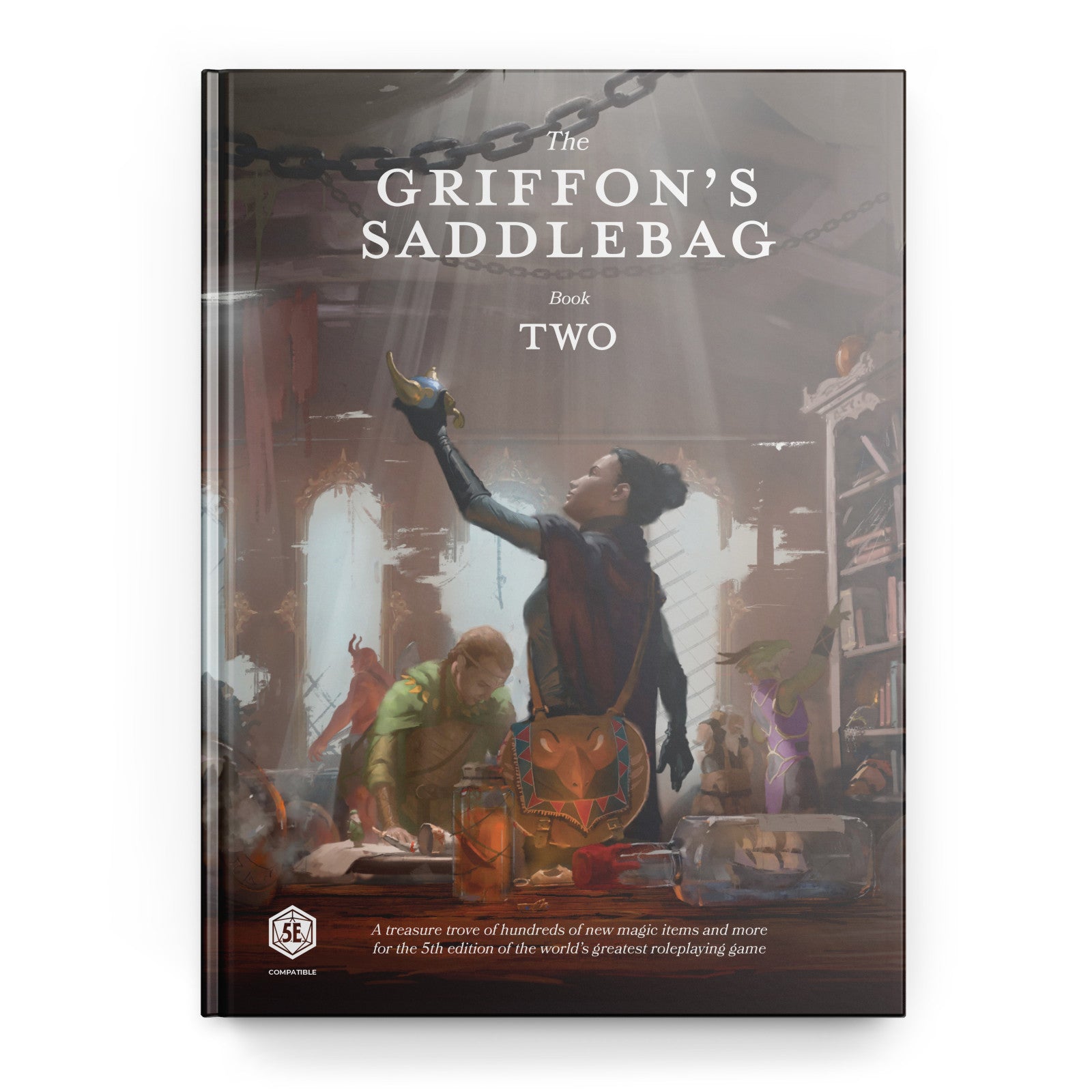 Cover for "The Griffon's Saddlebag Book Two" showing a woman holding a golden lamp, surrounded by other fantasy figures and magic items.