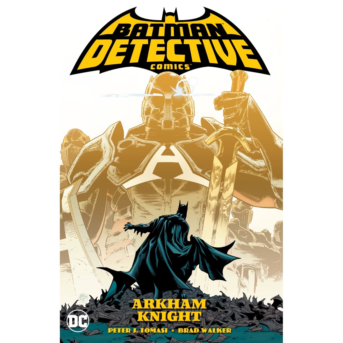 Batman: Detective Comics Vol. 2: Arkham Knight cover: Batman stands before a towering, golden Arkham Knight holding a sword with glowing blue eyes