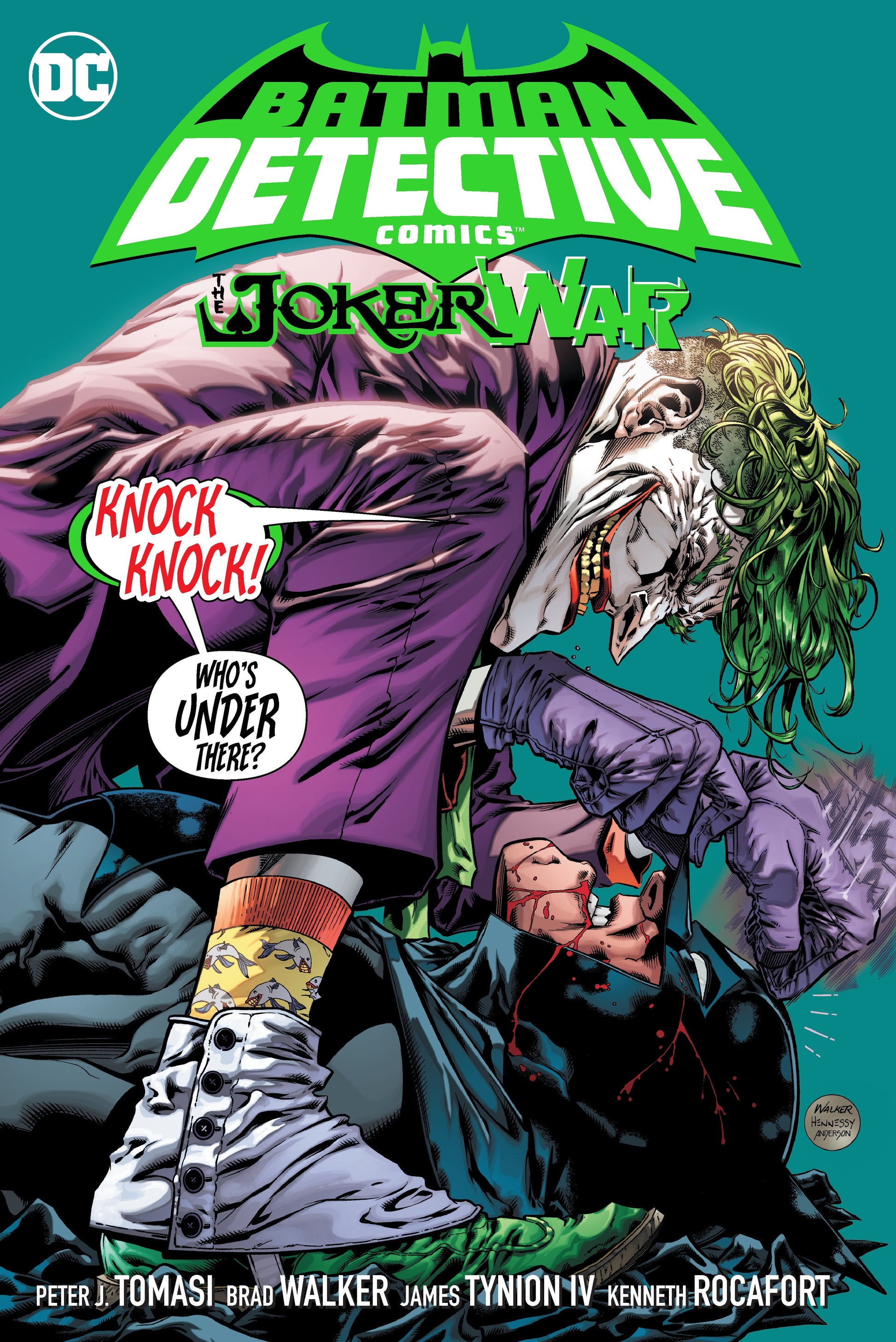 Batman: Detective Comics Vol. 5: The Joker War graphic novel cover: The Joker kneels over a bloodied Batman, holding him down, while asking, "KNOCK KNOCK! WHO'S UNDER THERE?"
