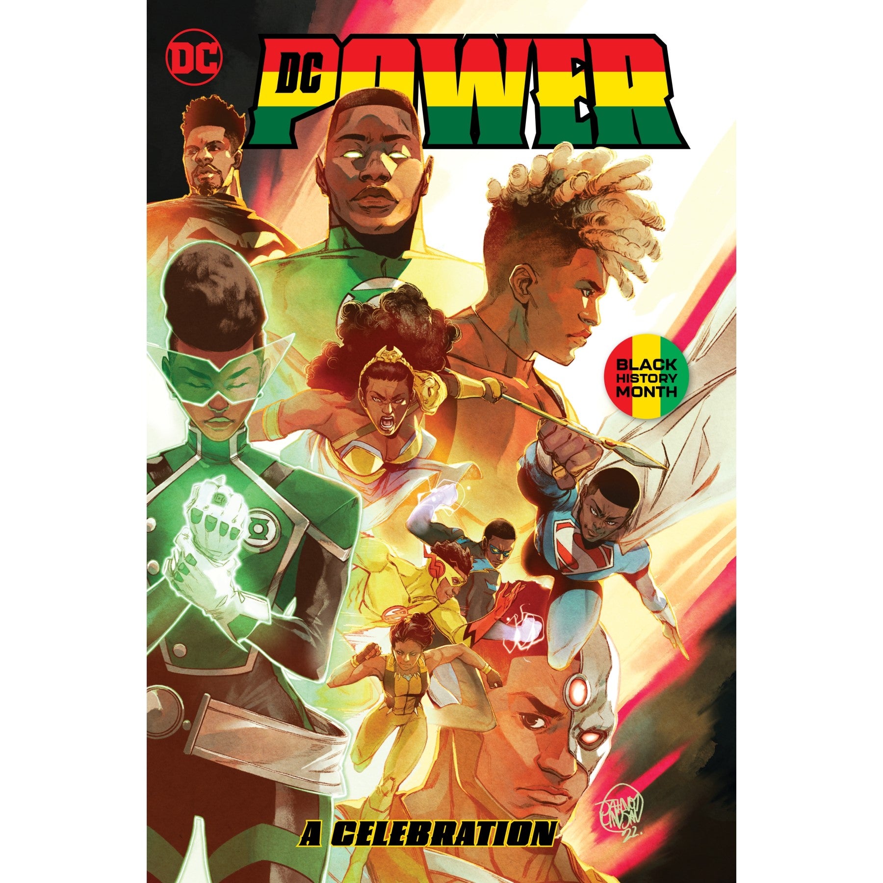 The DC Comics Power_ A Celebration graphic novel cover features a vibrant collage of various young, diverse superheroes, with the title in black, red, yellow, and green