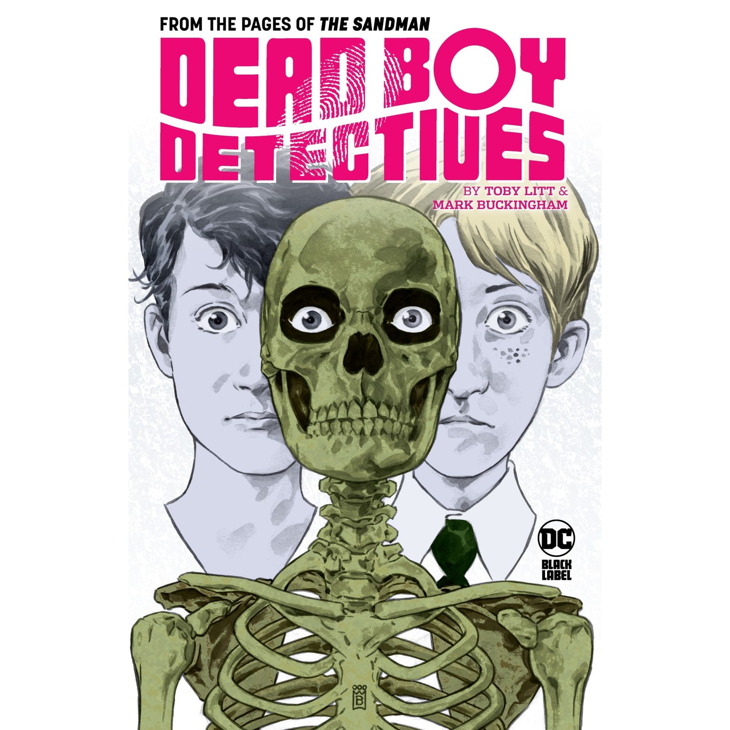 The Dead Boy Detectives graphic novel cover features a green skeleton centered between two surprised young boys with dark and blonde hair against a white background