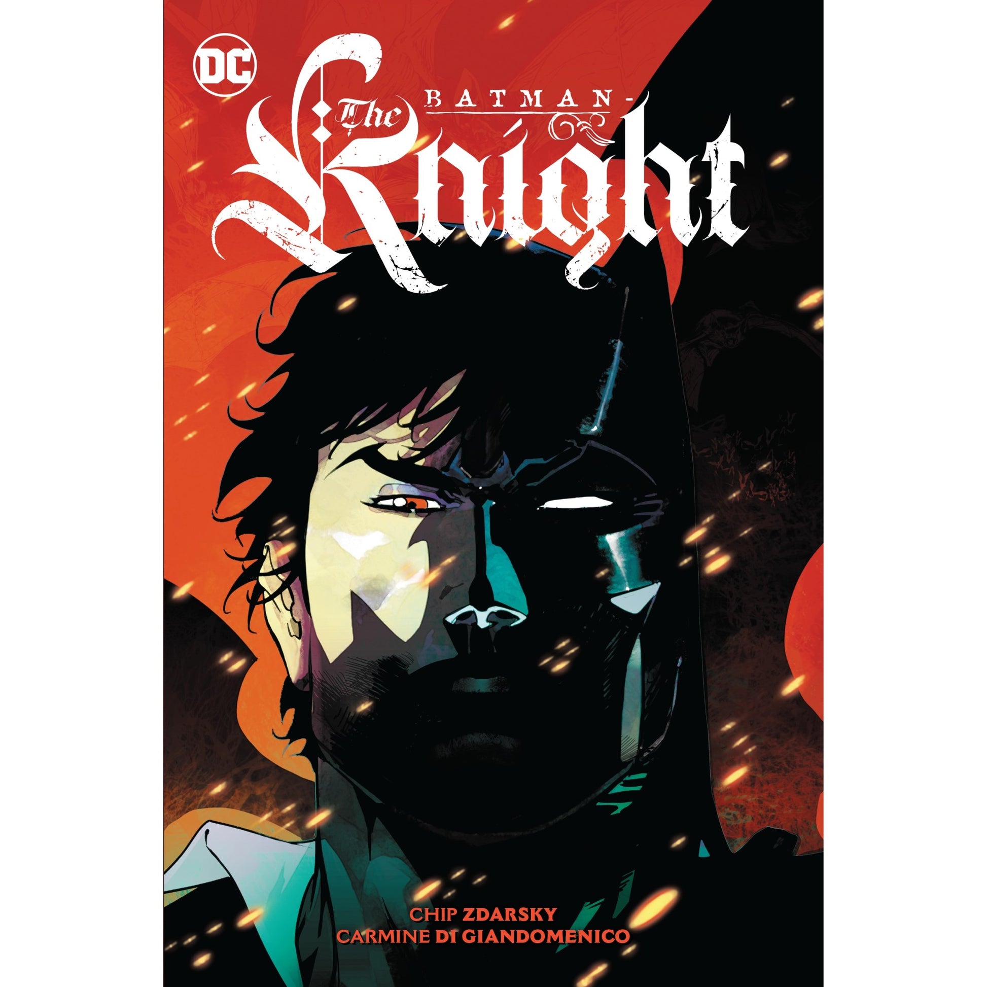 The Batman - The Knight comic book cover: Bruce Wayne's face splits with Batman's cowl on a fiery red background