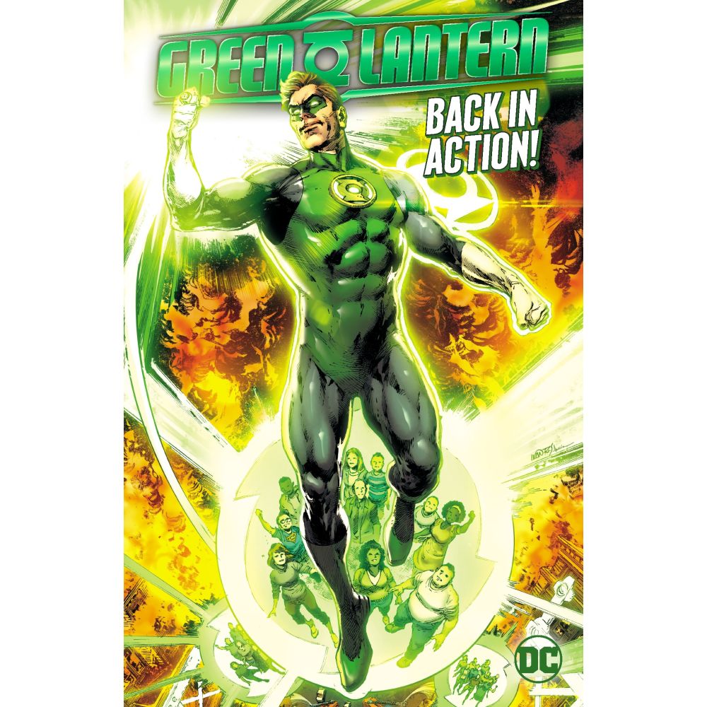 Green Lantern flies above people inside a green energy shield, with a fiery background. Text: "BACK IN ACTION!"