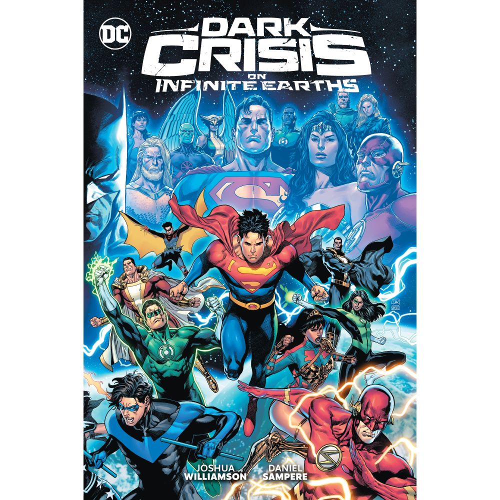 A cosmic graphic novel cover for Dark Crisis on Infinite Earths featuring a dynamic array of superheroes, with a flying Superman at the forefront
