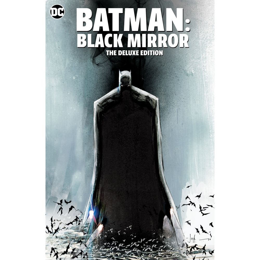 Batman: Black Mirror Deluxe Edition cover. Batman stands, seen from behind, as a swarm of bats flies up around his dark cape
