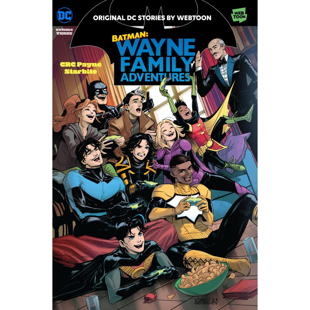 Batman: Wayne Family Adventures Volume Three graphic novel cover showing the Bat-Family, including Batman and Alfred, laughing while playing video games together