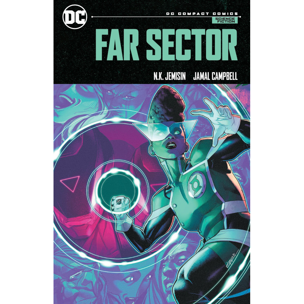 DC Far Sector comic cover: Black female Green Lantern in a green suit and geometric glasses creates a glowing green energy orb