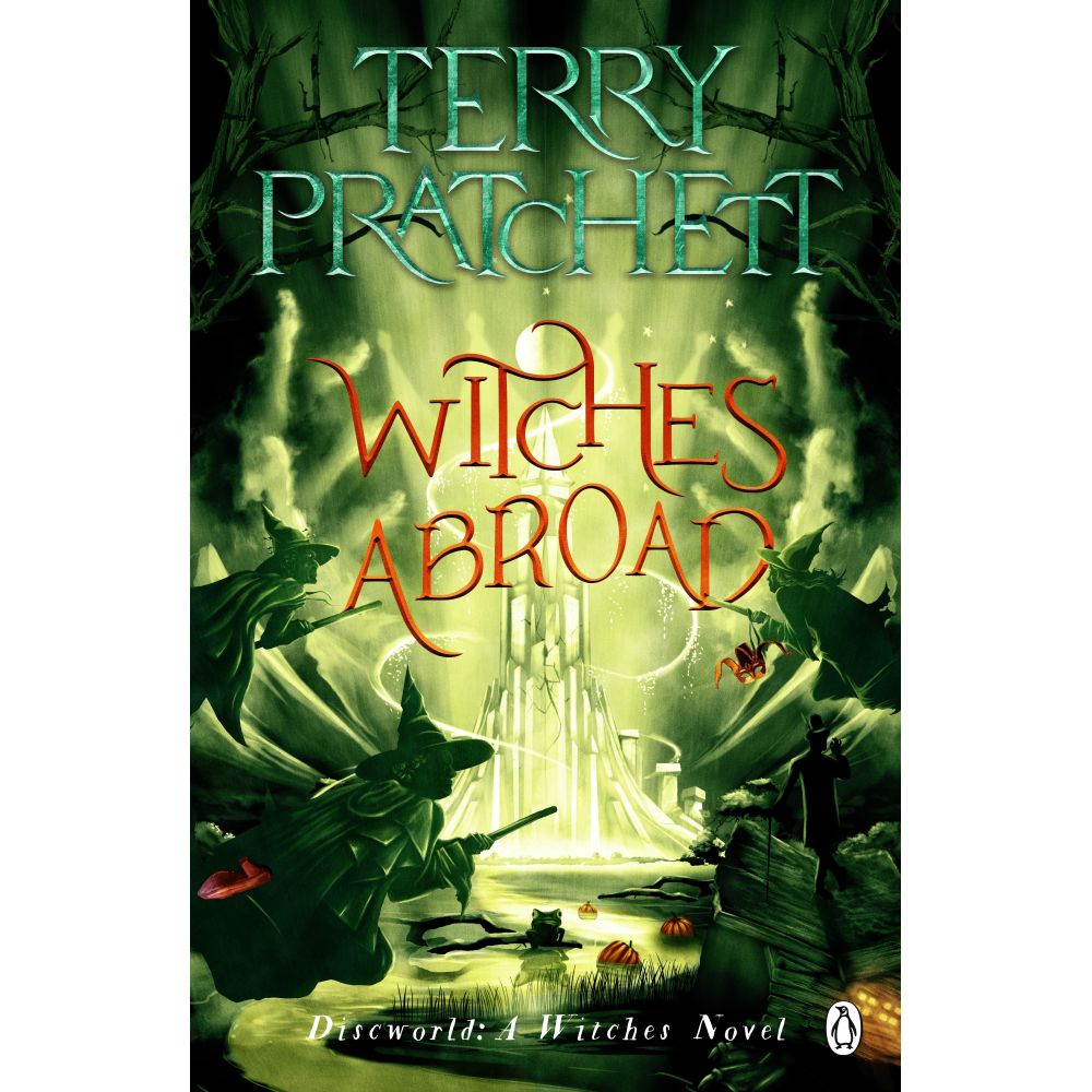 Terry Pratchett's "Witches Abroad" book cover. Two witches fly on brooms towards a glowing, spired city. A man watches