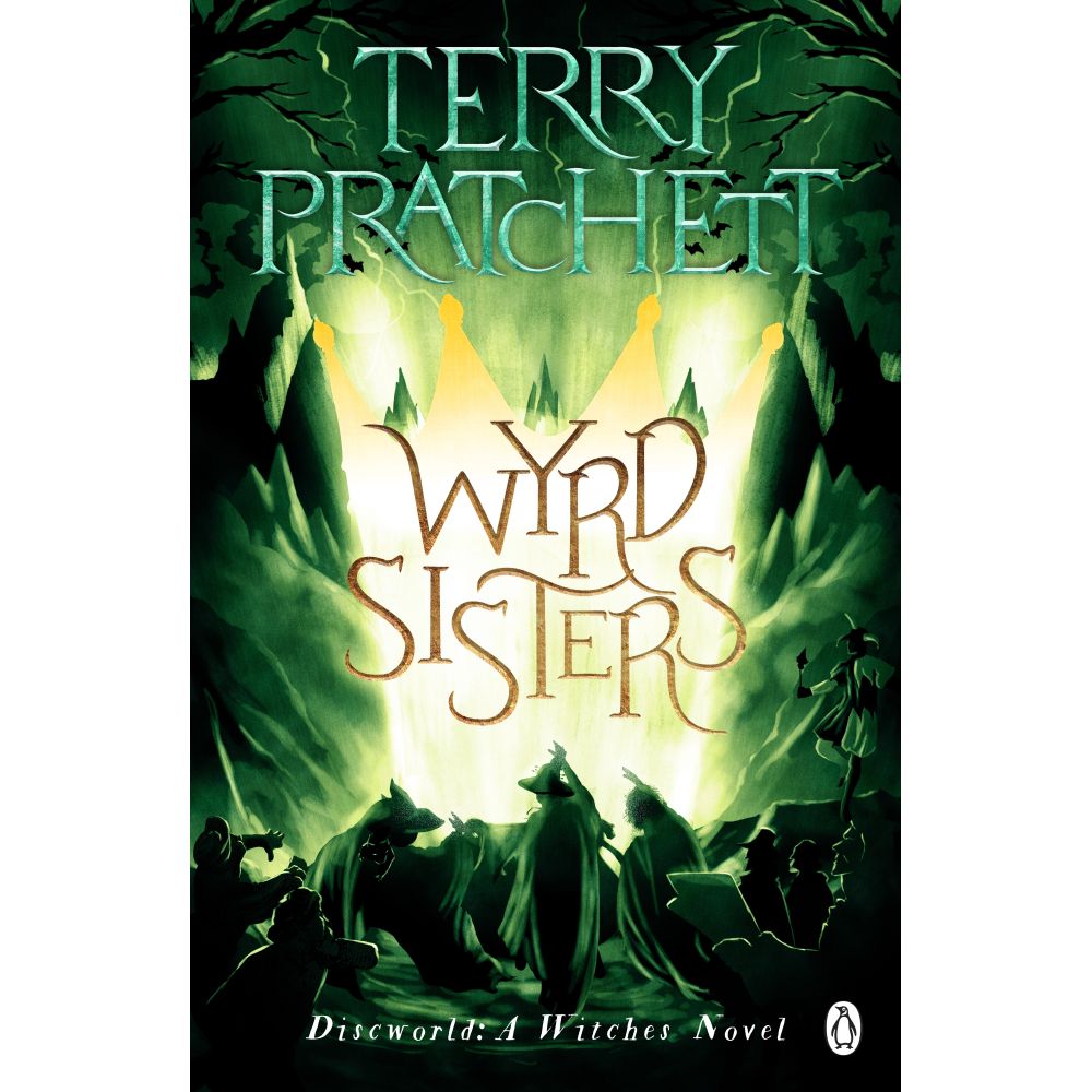 Book cover for Terry Pratchett&#39;s Wyrd Sisters: Silhouetted witches gather under green, lightning-lit mountains