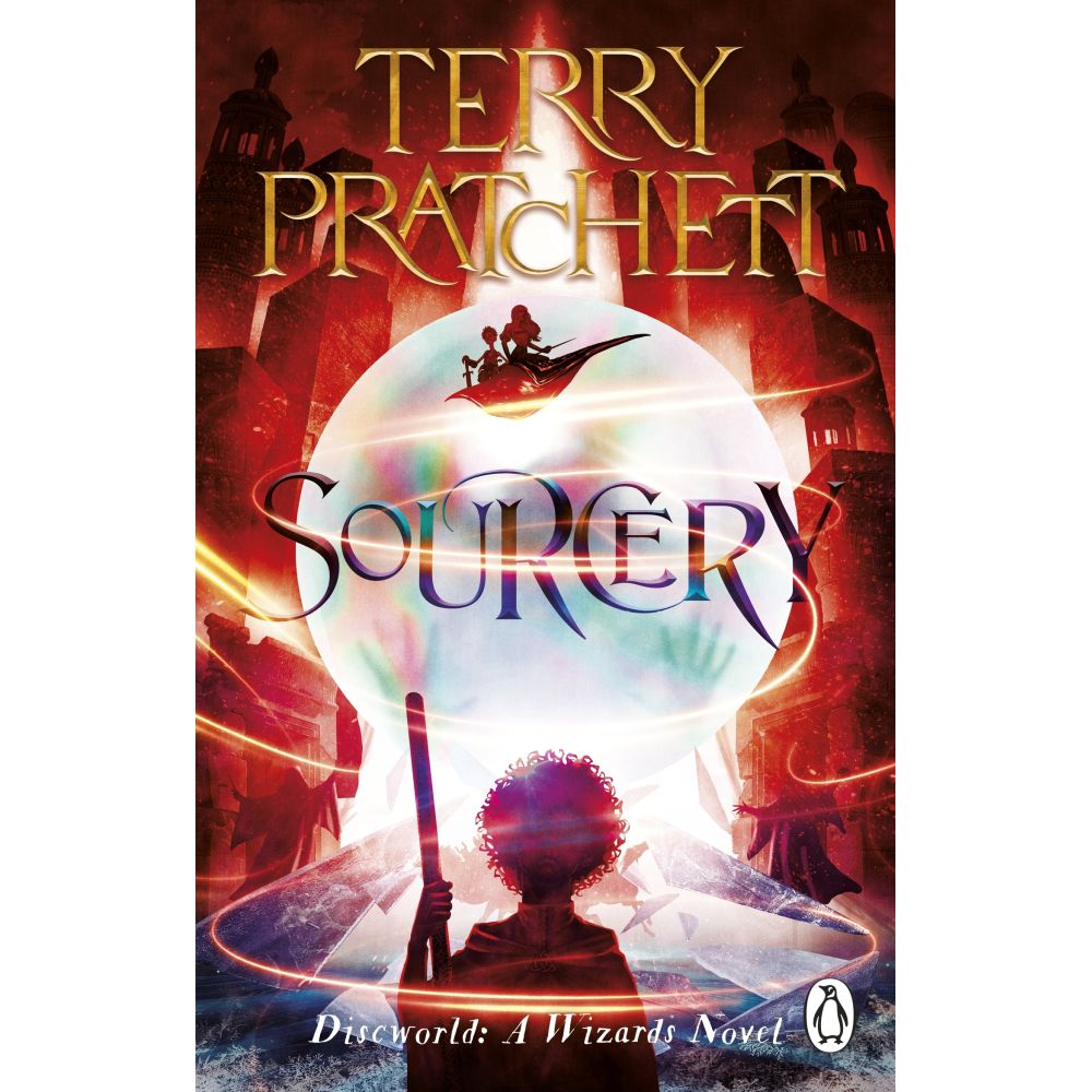 Terry Pratchett's "Sourcery" book cover, a boy with a staff stands before a glowing iridescent sphere, with two figures on a flying carpet above and dark red city architecture