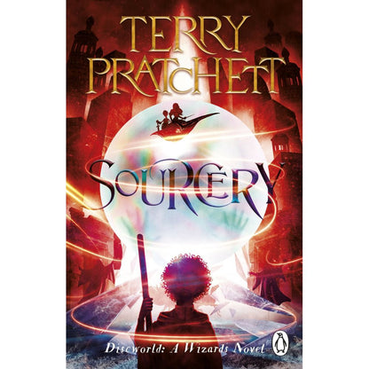Terry Pratchett's "Sourcery" book cover, a boy with a staff stands before a glowing iridescent sphere, with two figures on a flying carpet above and dark red city architecture