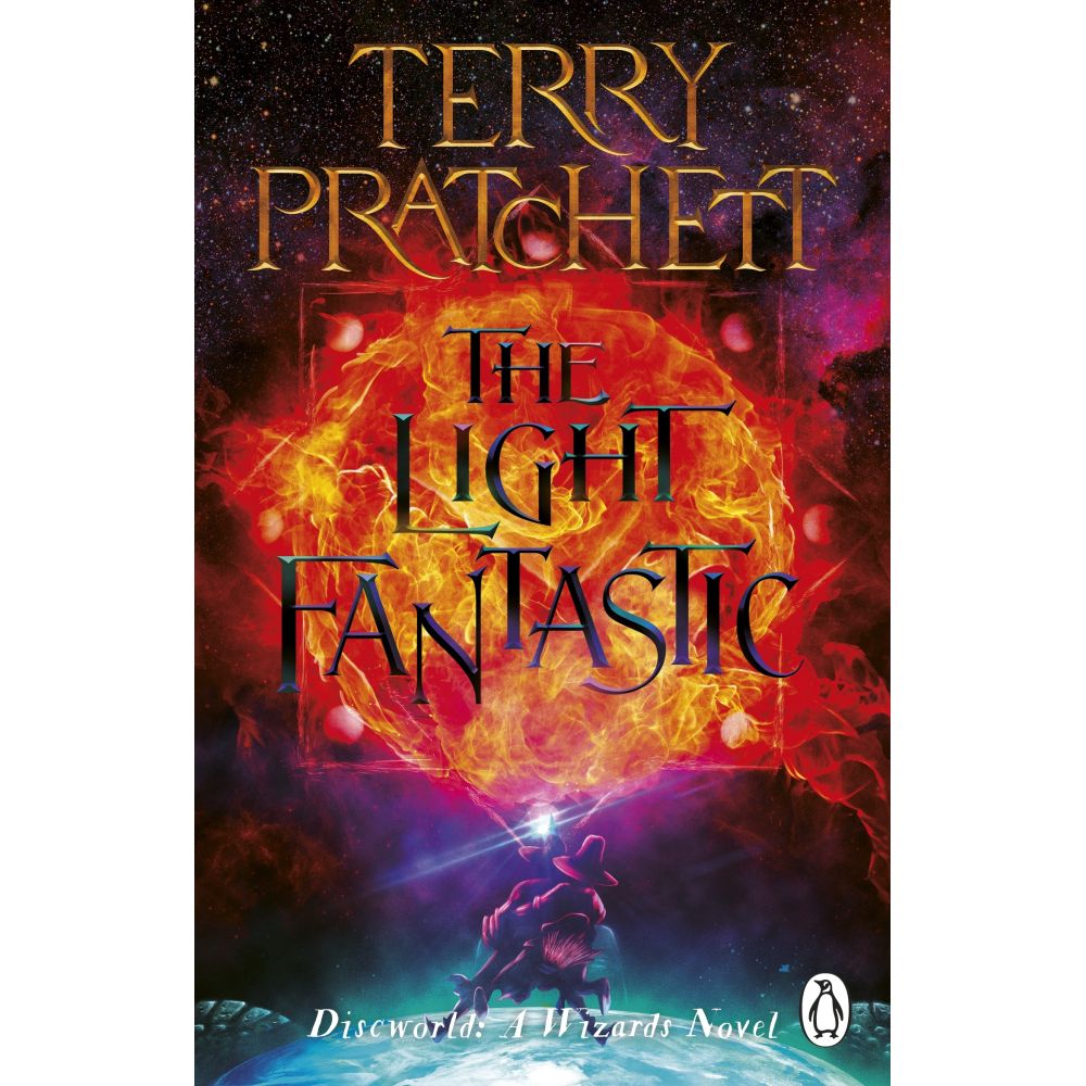 Terry Pratchett's The Light Fantastic book cover: fiery red sun, starry sky, wizard and creature on a planet with a glowing light