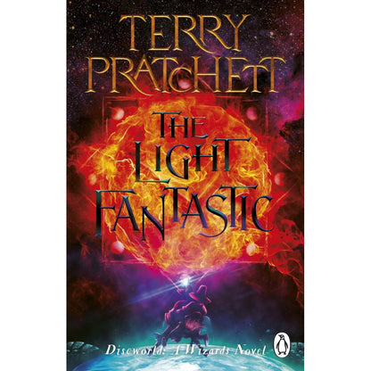 Terry Pratchett's The Light Fantastic book cover: fiery red sun, starry sky, wizard and creature on a planet with a glowing light