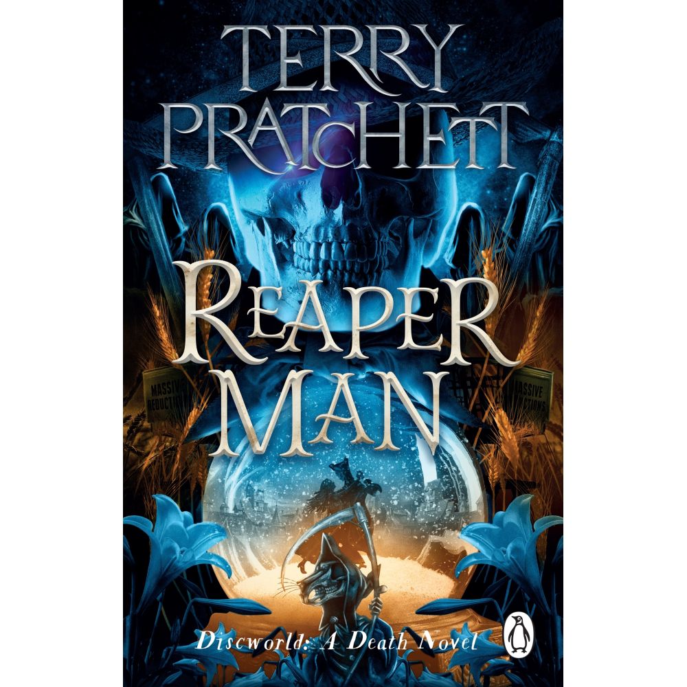 The vibrant cover for Terry Pratchett's Discworld Reaper Man book displays a large glowing blue skull, a cloaked Death figure holding a scythe, an hourglass with glowing sand, and wheat stalks