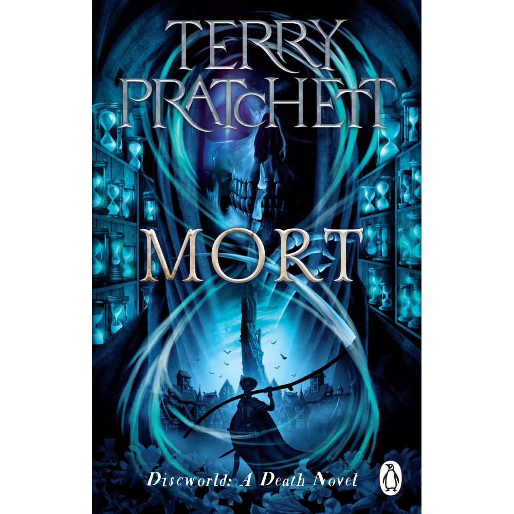 A cloaked figure with a scythe stands on Terry Pratchett's 'Mort' cover, beneath a looming skull and glowing hourglasses