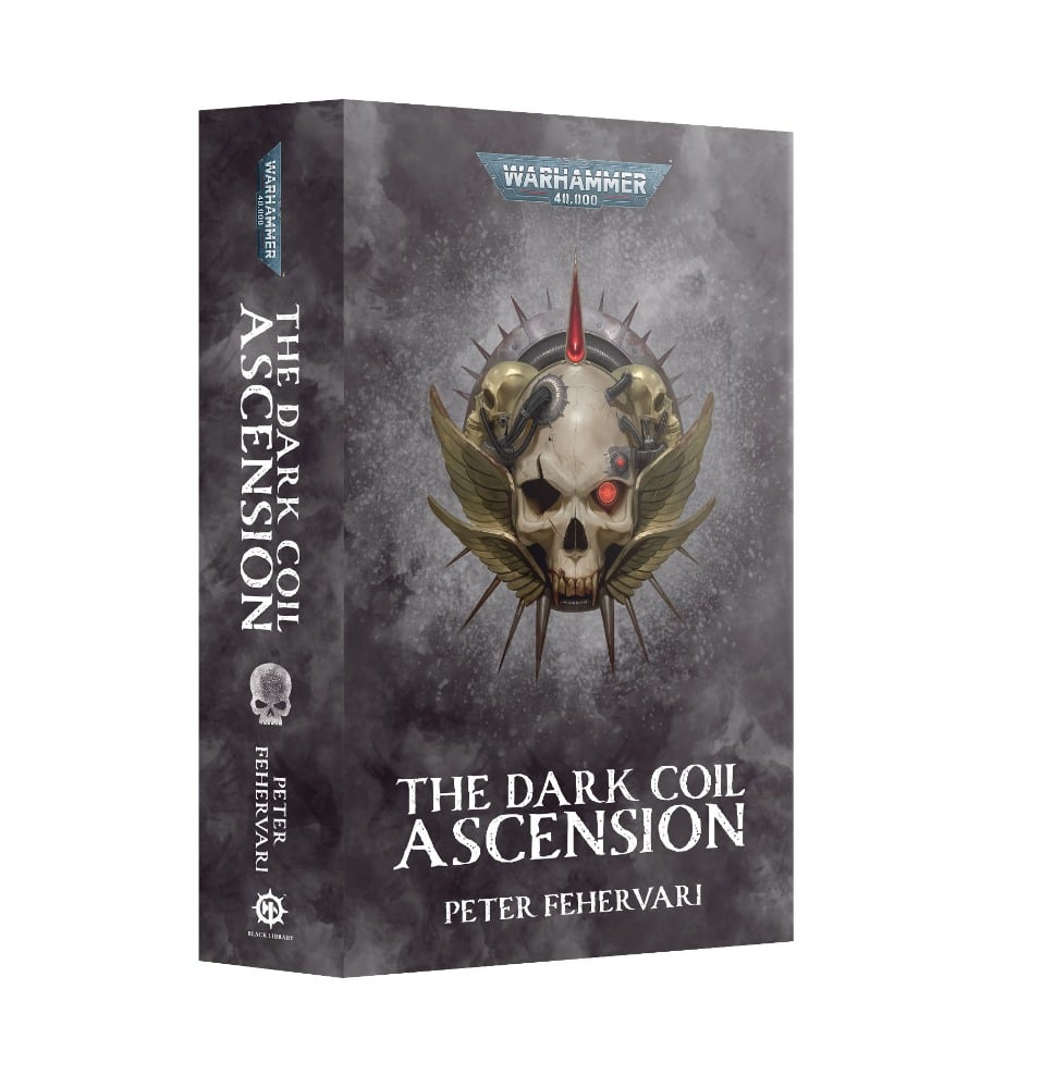 The Dark Coil Ascension hardcover book displays a terrifying, winged metallic skull with a single glowing red optic lens under the Warhammer 40,000 banner