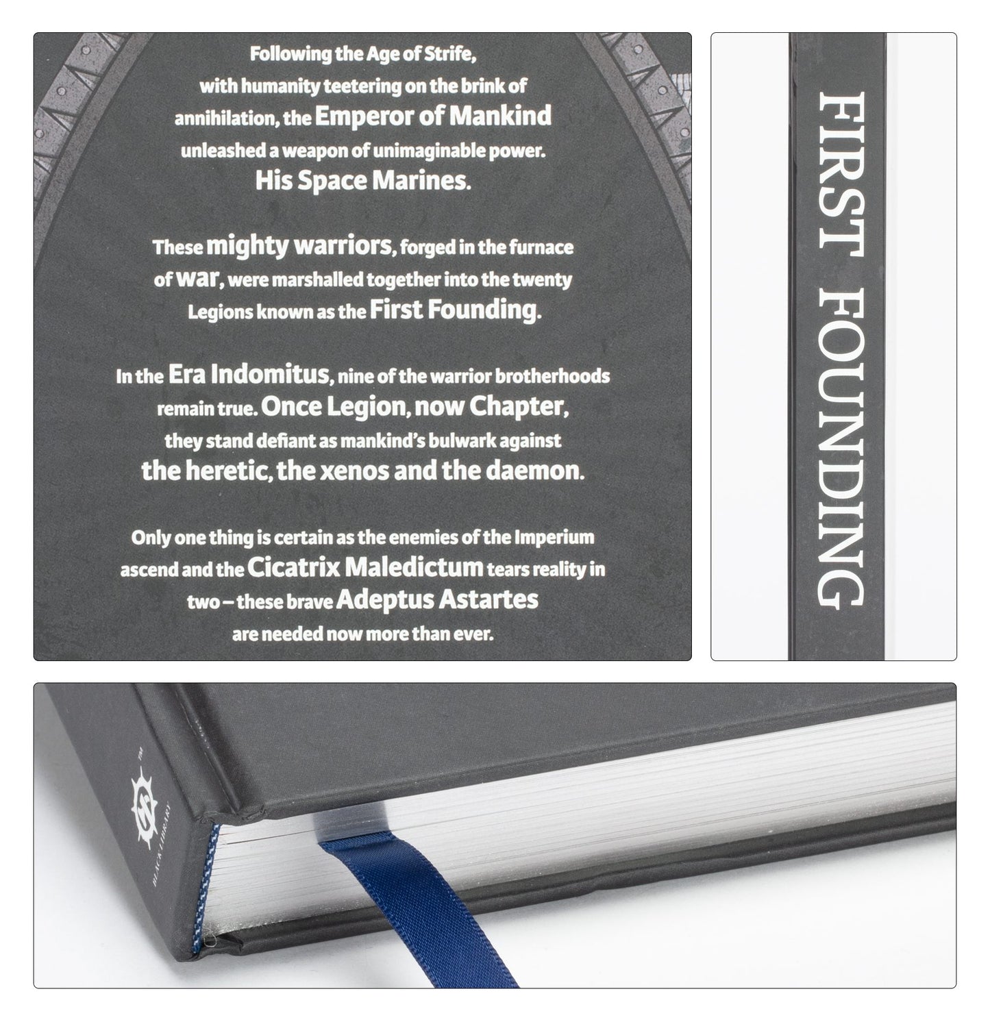 The hardback book The First Founding features its dark grey cover text, spine with white title, and white pages with a blue ribbon bookmark