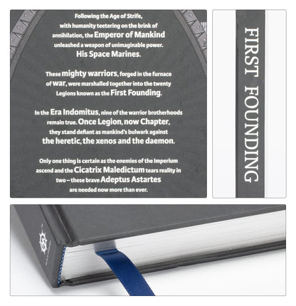 The hardback book The First Founding features its dark grey cover text, spine with white title, and white pages with a blue ribbon bookmark