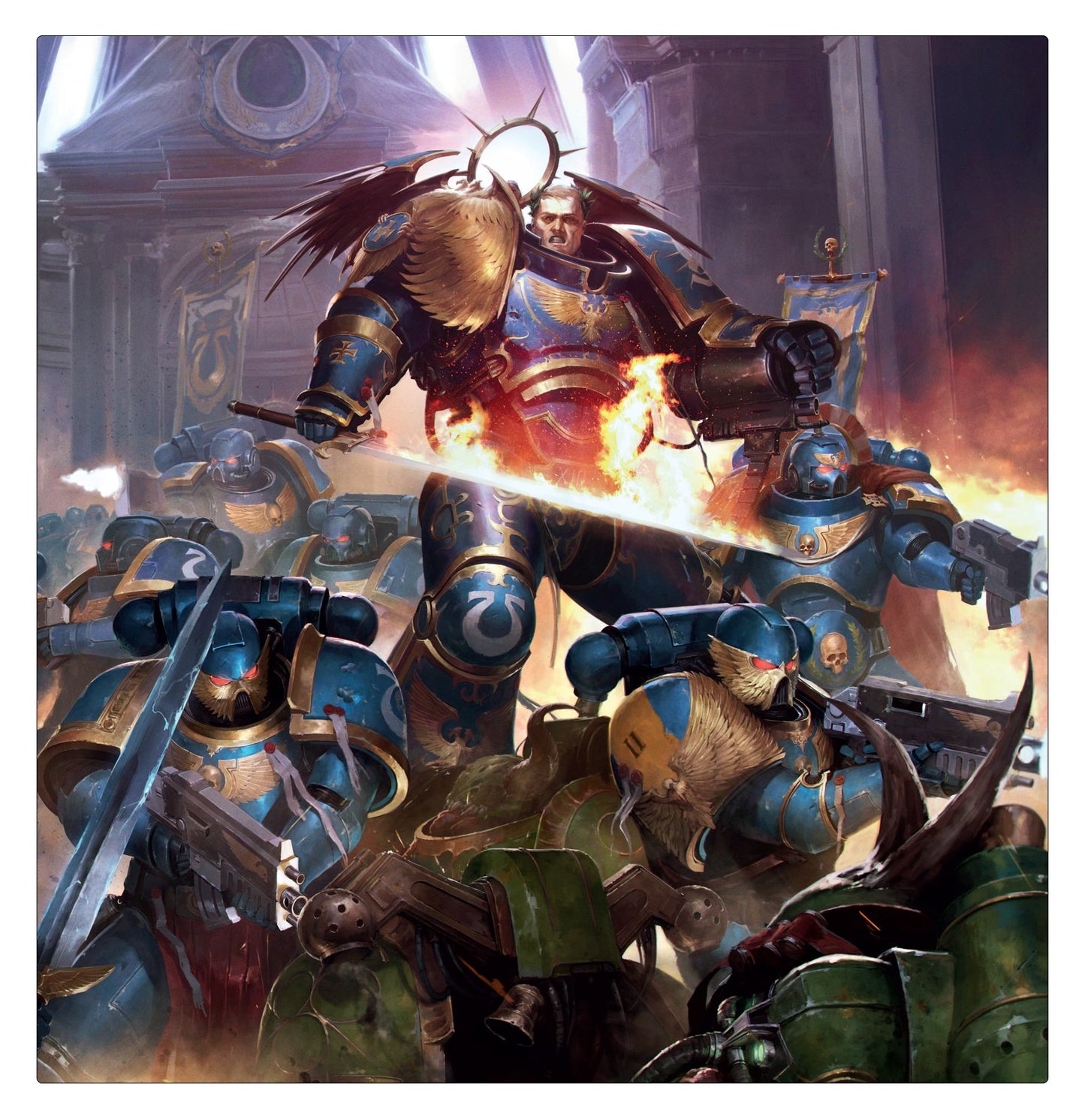 A massive warrior with a flaming sword leads blue armored soldiers against green enemies in this artwork for The First Founding