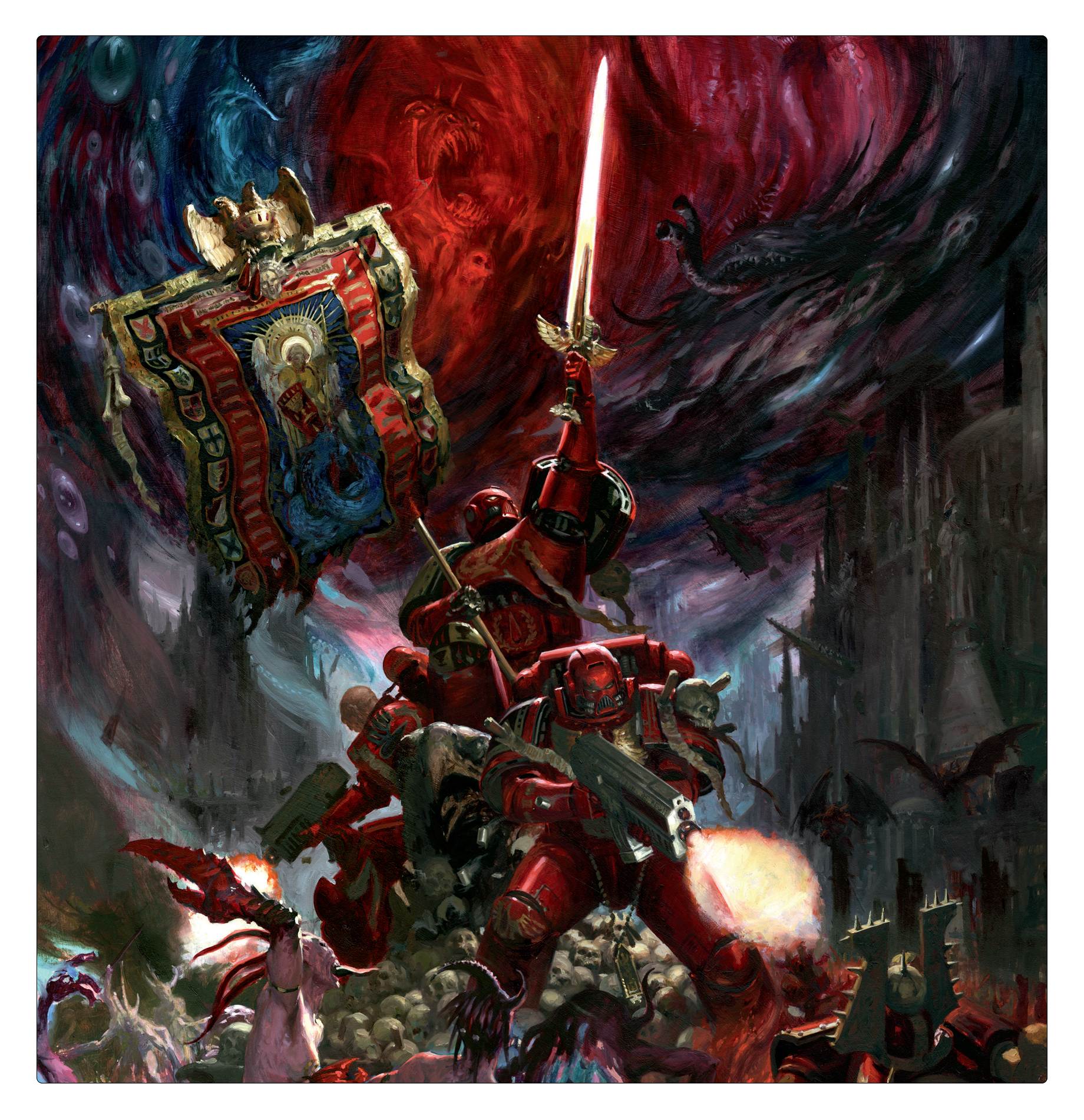 An illustration of red armored space marines battling demonic creatures, with one holding a glowing sword and another a banner, amidst a chaotic red and blue background
