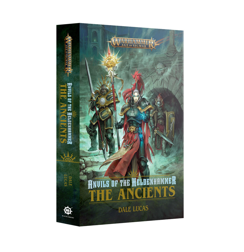 The cover of Anvils Of The Heldenhammer The Ancients displays three richly armored figures, one casting blue magic, against a misty ruin setting under the Age of Sigmar banner