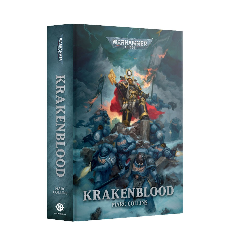 Krakenblood, the Warhammer 40,000 novel by Marc Collins, displays an epic cover of Space Marines led by a majestic figure in red and gold armor