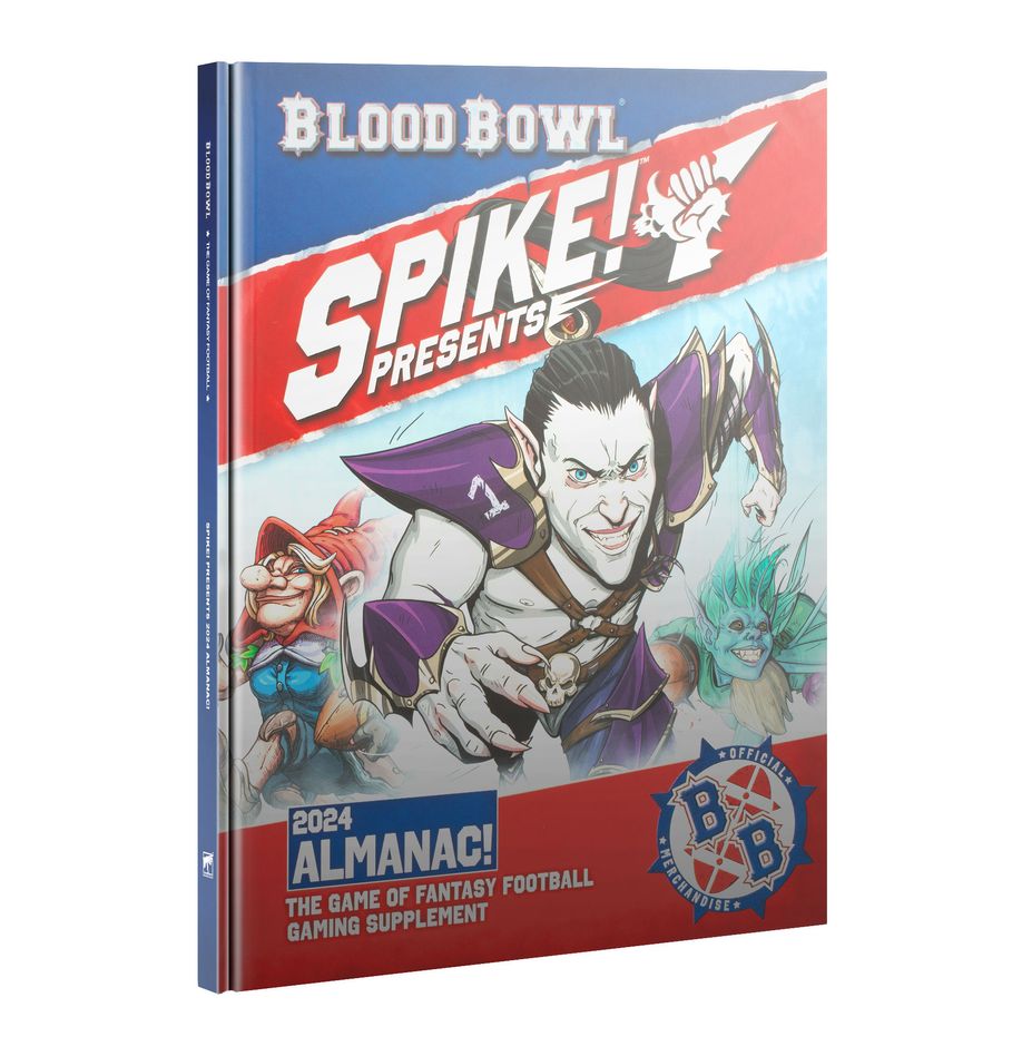Blood Bowl: Spike! Presents 2024 Almanac gaming supplement cover. Fantasy characters running forward
