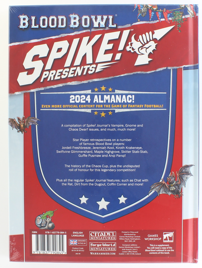 Back cover of the Blood Bowl Spike! Presents 2024 Almanac, an official supplement for the fantasy football game