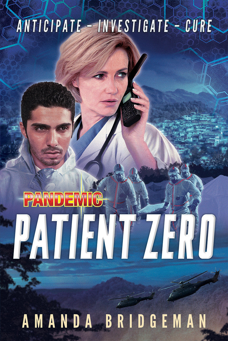 Book cover for Pandemic Patient Zero featuring a woman with a radio a man in protective gear and people in hazmat suits carrying a body
