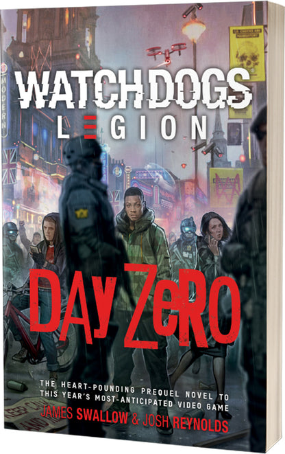 Watch Dogs Legion Day Zero book with a dramatic cover showing characters in a rainy futuristic city setting