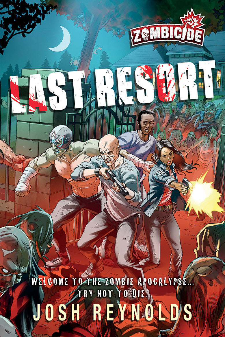 Aconyte Zombicide Last Resort book cover art featuring survivors fighting off zombies outside a mansion