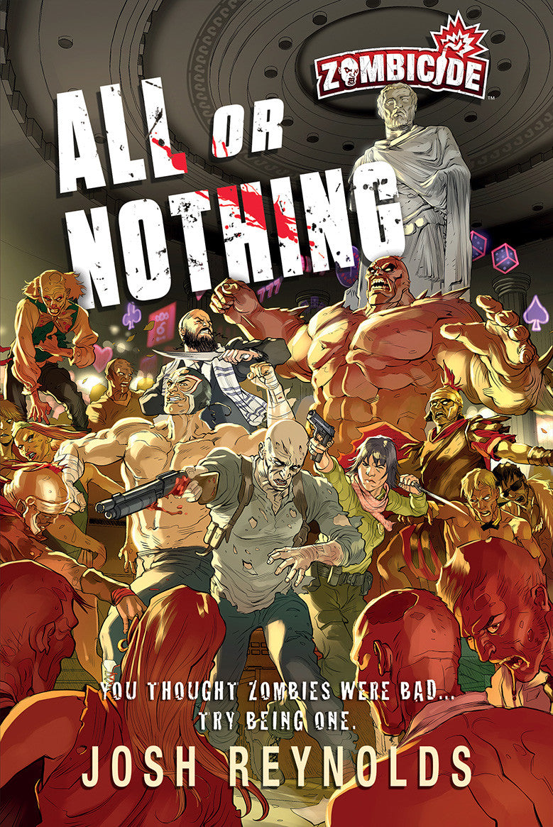 Zombicide All or Nothing book cover featuring a chaotic casino scene with zombies and survivors