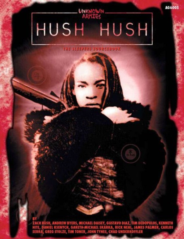 Unknown Armies: Hush Hush cover. A person with dreadlocks in a dark coat stares intently, holding a rifle