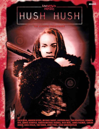 Unknown Armies: Hush Hush cover. A person with dreadlocks in a dark coat stares intently, holding a rifle