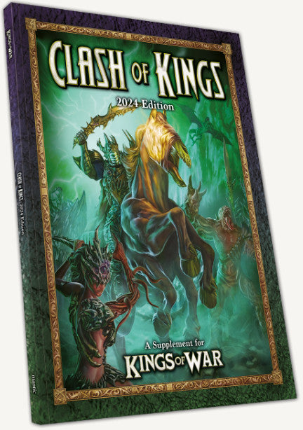 Kings of War Clash of Kings 2024 book cover featuring a dramatic fantasy battle scene with armored warriors and magical elements displayed