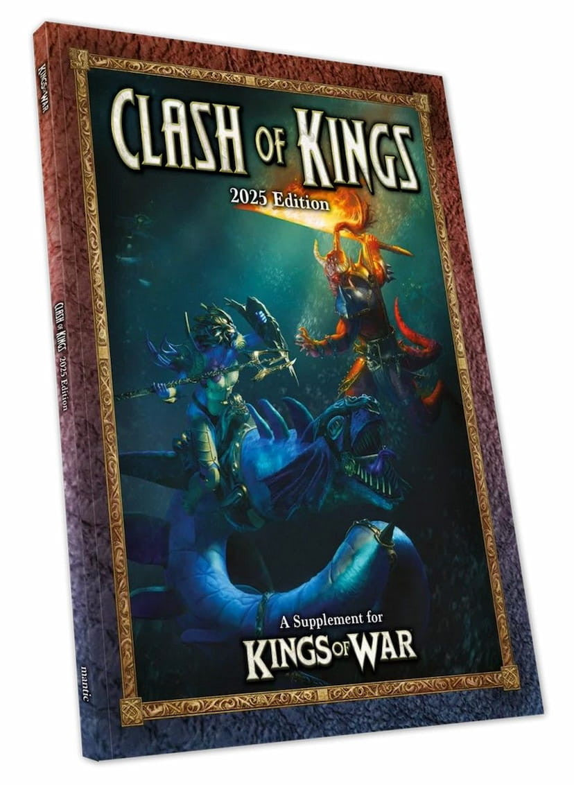 Kings of War Clash of Kings 2025 Supplement book cover featuring epic fantasy artwork and bold title text