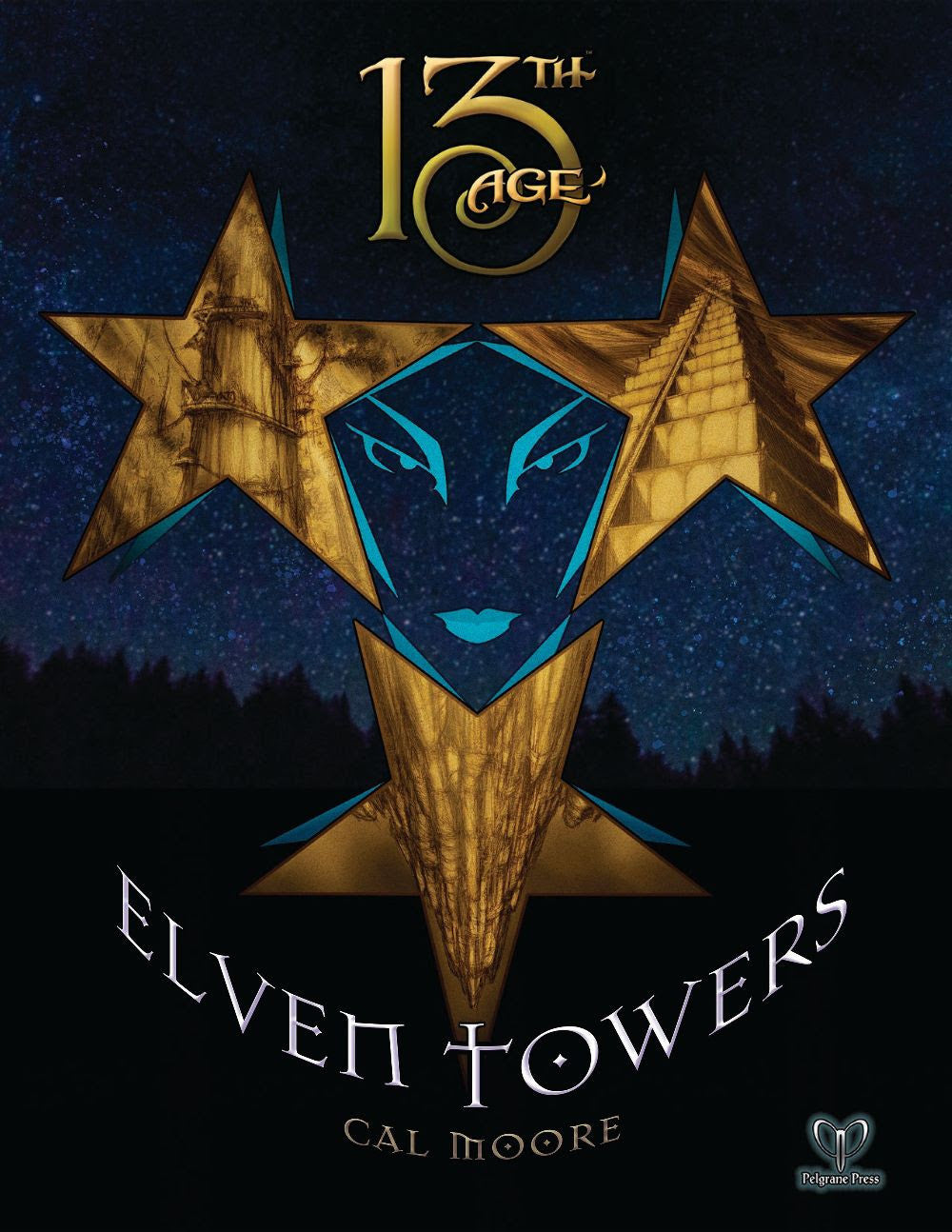 Digital art illustration for the book 13th Age Elven Towers by Cal Moore featuring golden stars against a dark starry sky with a geometric blue face in the center