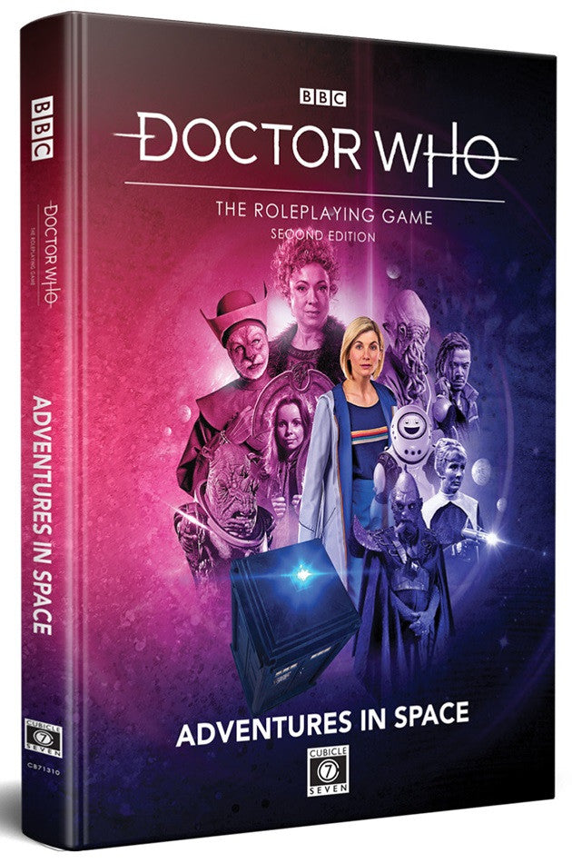 Doctor Who The Roleplaying Game Second Edition Adventures in Space box set featuring the Thirteenth Doctor and various companions and villains
