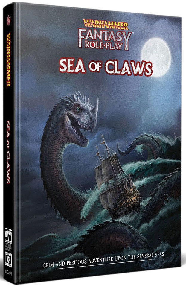 Warhammer Fantasy Roleplay Sea of Claws rulebook with art of sea monster and ship