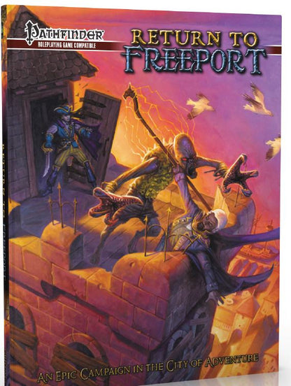 Return to Freeport Pathfinder RPG compatible book with dynamic cover art of a wizard casting lightning a pirate and a monstrous creature battling on rooftops