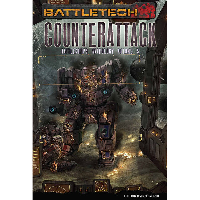 BattleTech Counterattack BattleCorps Anthology Volume 5 book cover showing a damaged large battle mech standing over another fallen mech in a chaotic fiery scene