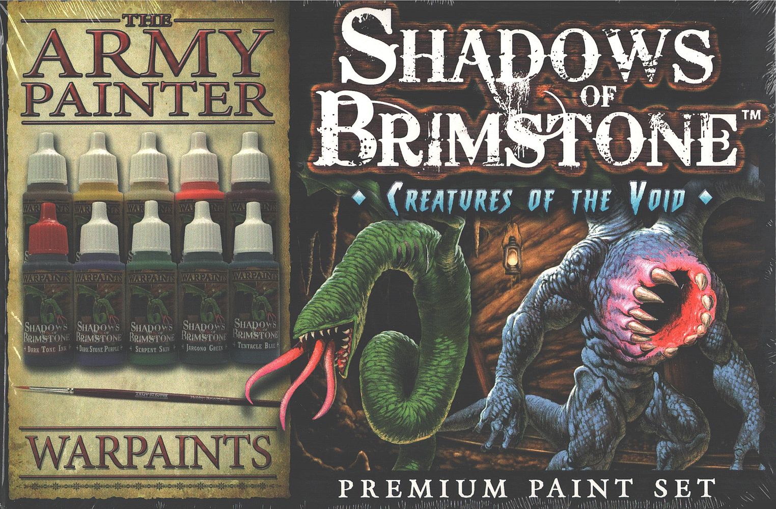 A Shadows of Brimstone Creatures of the Void Premium Paint Set box showing 10 paint bottles, a paintbrush, and two monsters: a green worm and a grey beast with a chest mouth