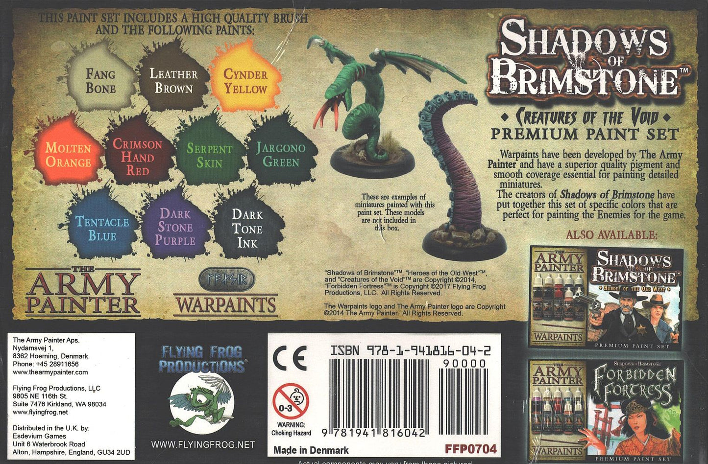 A Shadows of Brimstone Creatures of the Void paint set box displaying nine paint colours, two painted miniature figures, and images of other available paint sets